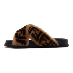 Fendi Black Shearling Forever Fendi Slides - Sz 37